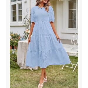 Zesica Puff Sleeve Smocked Floral‎ Lace Flowy Tiered Midi Dress Size Medium NWT